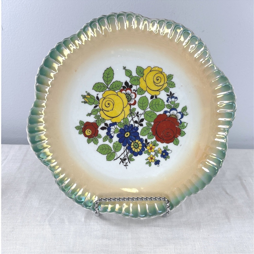 Celebrate Japan Lustreware Floral Plate Scalloped Green Iridescent Yellow Rose